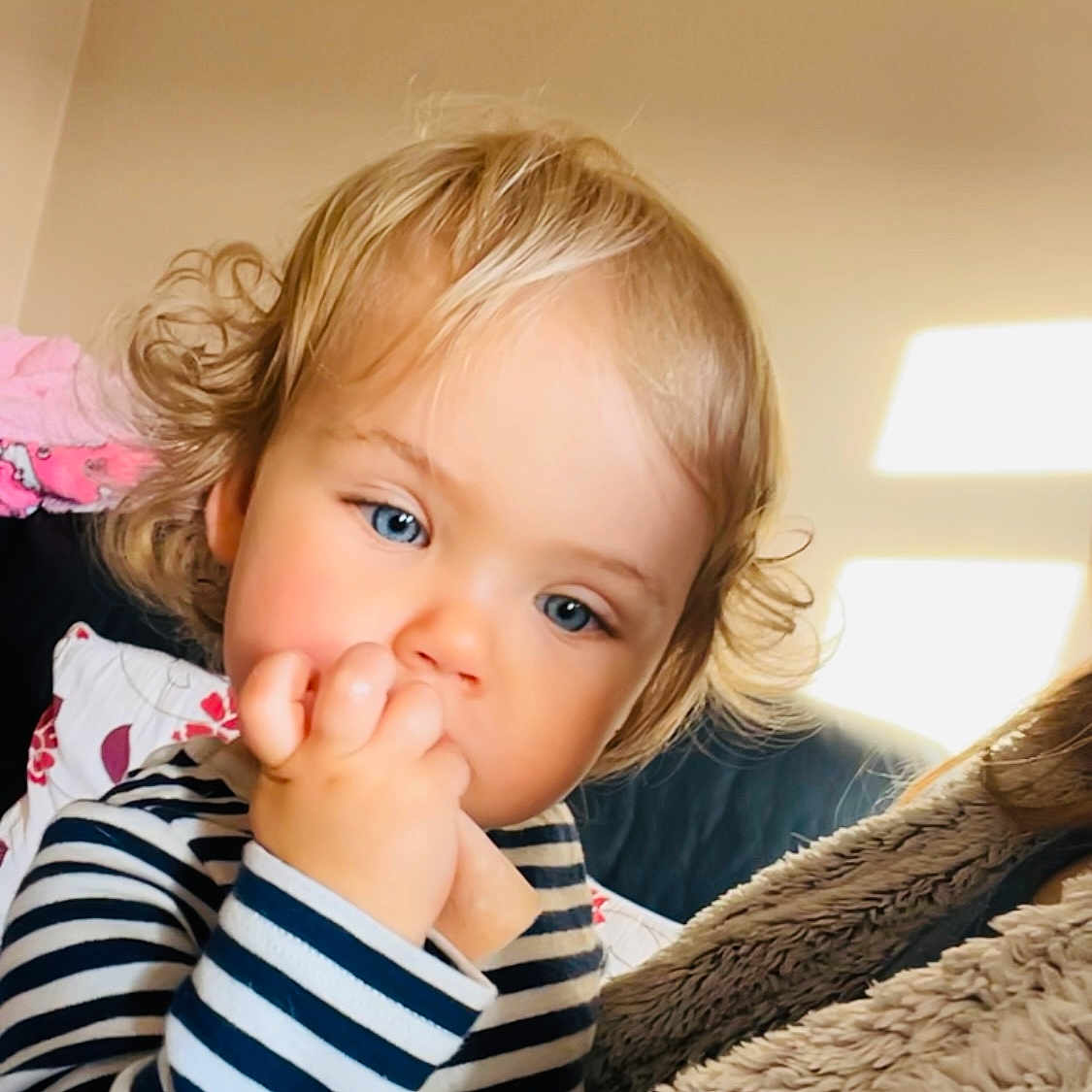 Harper is registered to the contest to win money with this photo: blanket, blue_eyes, child, closeup, cozy, curly, curly_hair, cute, face, finger_in_mouth, home, indoor, infant, person, portrait, soft_lighting, striped_shirt, stripes, toddler, young_child