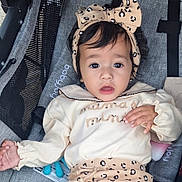 Loyal is registered to the contest to win money with this photo: baby, child, toddler, infant, stroller, headband, bow, clothing, leopard_print, cute, person, face, eyes, hand, soft_lighting, indoor, expression, fabric, seat, baby_gear