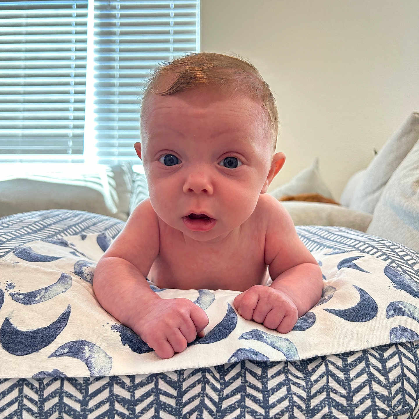 Preston is registered to the contest to win money with this photo: baby, bed, bedroom, blanket, bodypart, couch, cushion, face, finger, furniture, hand, head, homedecor, indoors, newborn, person, photography, pillow, portrait, room