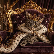 Kizzy is registered to the contest to win money with this photo: animal, candle, cat, crown, decor, feline, flowers, gold, indoor, luxury, majestic, ornate, pet, portrait, purple, regal, relaxed, royal_cape, throne, velvet