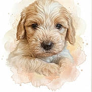 Balou a rejoint le concours — aidez-le/la à gagner de superbes lots ! puppy, dog, watercolor, illustration, portrait, fluffy, fur, brown_fur, white_fur, face, eyes, nose, ears, animal, cute, adorable, pastel, paint_splashes, artwork, centered_composition