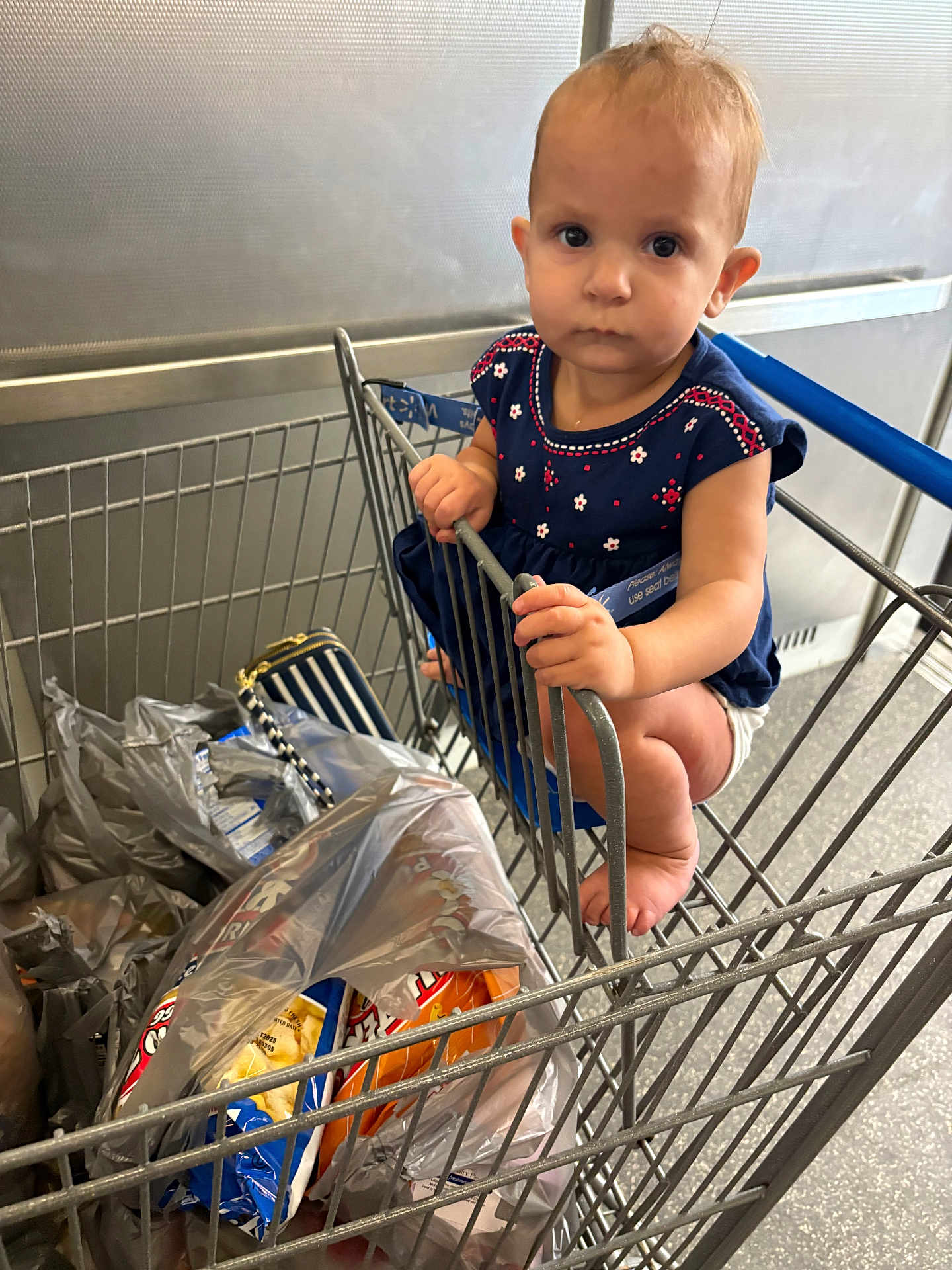 Zoey is registered to the contest to win money with this photo: baby, child, shopping_cart, grocery_bags, snacks, blue_dress, barefoot, metal_bars, shopping_trip, curious, indoor, floor, plastic_bags, food_packages, grocery_store, portrait, person, shopping, small_child, serious_face