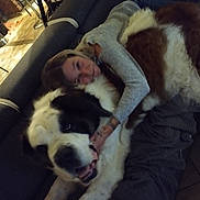 Gros a rejoint le concours — aidez-le/la à gagner de superbes lots ! affection, blurred, casual_clothing, comfort, couch, cozy, dog, fluffy, friendly, furniture, home, hugging, indoor, large_dog, living_room, person, pet, relaxed, resting, warmth