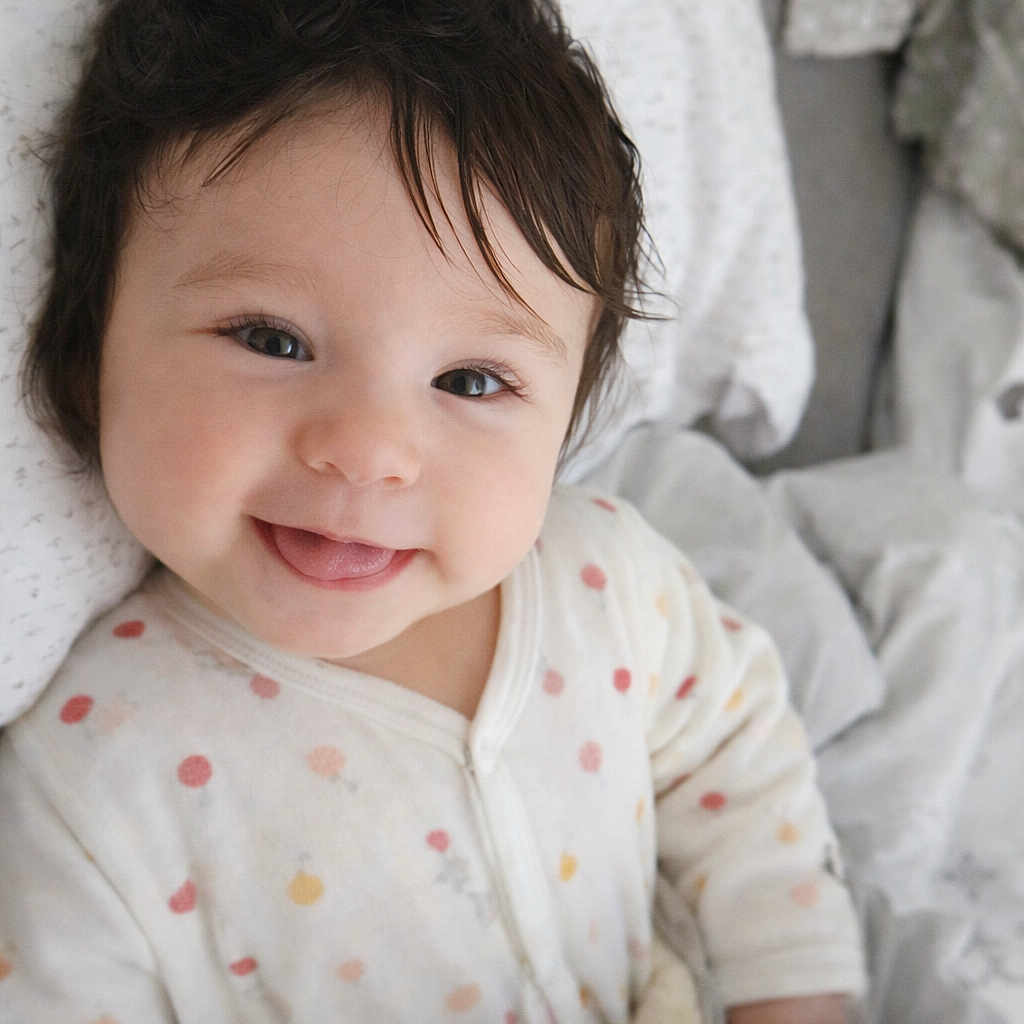 Catalia participe au concours pour gagner de l'argent avec cette photo : baby, bed, bedding, blanket, child, comfort, cute, expression, face, hair, happy, indoors, infant, lying_down, onesie, polka_dots, portrait, smiling, soft_lighting, toddler
