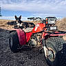 animal, atv, clouds, dirt, dog, four_wheeler, grass, landscape, leisure, machine, nature, outdoor, pet, recreation, rural, rustic, sky, sunlight, tire, vehicle