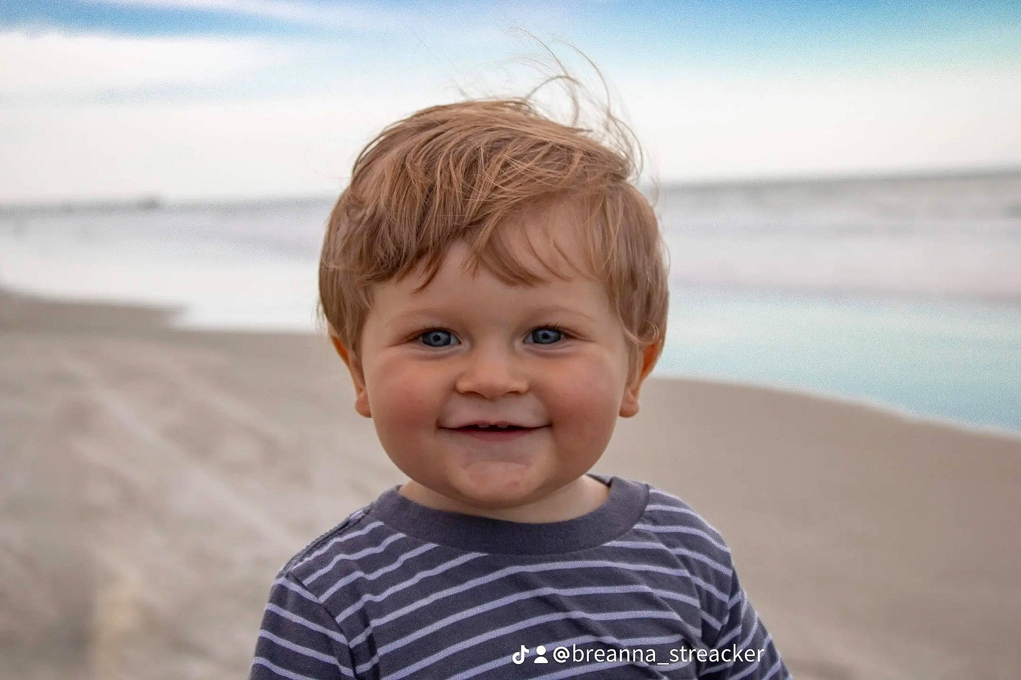 Krew joined the competition — help win amazing prizes! baby_toddler_clothing, beach, blond, cloud, flash_photography, fun, happy, head, horizon, iris, joy, nose, ocean, person, sand, sky, smile, standing, t_shirt, toddler