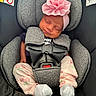 Amiyah joined the competition — help win amazing prizes! baby, car_seat, sleeping, headband, flower, pink, floral_pants, grey, straps, safety, infant, cute, child, newborn, apparel, sock, closeup, indoors, seat, resting