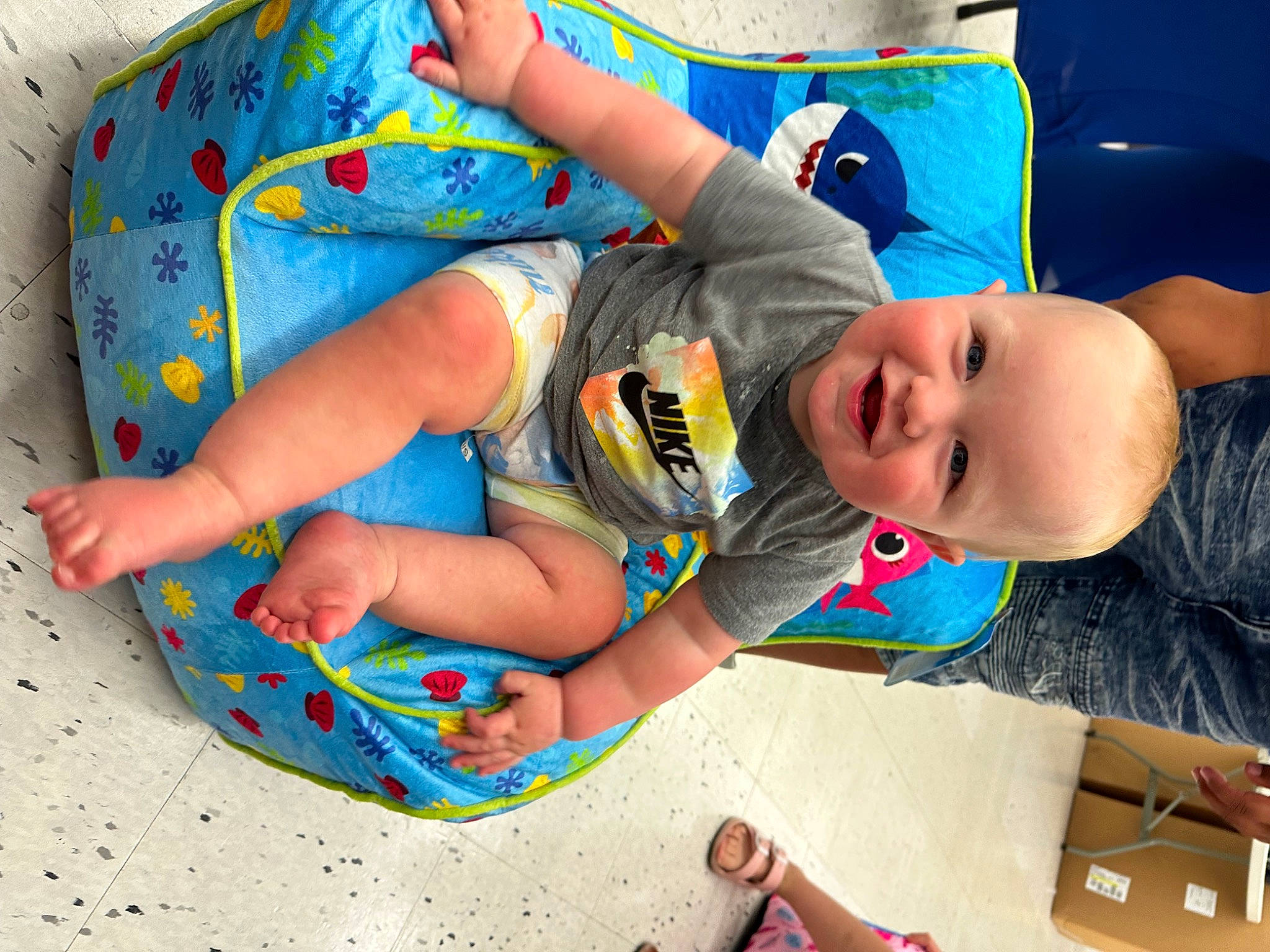 Kash joined the competition — help win amazing prizes! baby, baby_products, baby_toddler_clothing, child, electric_blue, finger, foot, fun, happy, hat, joy, leisure, linens, pattern, person, play, sitting, smile, t_shirt, toddler