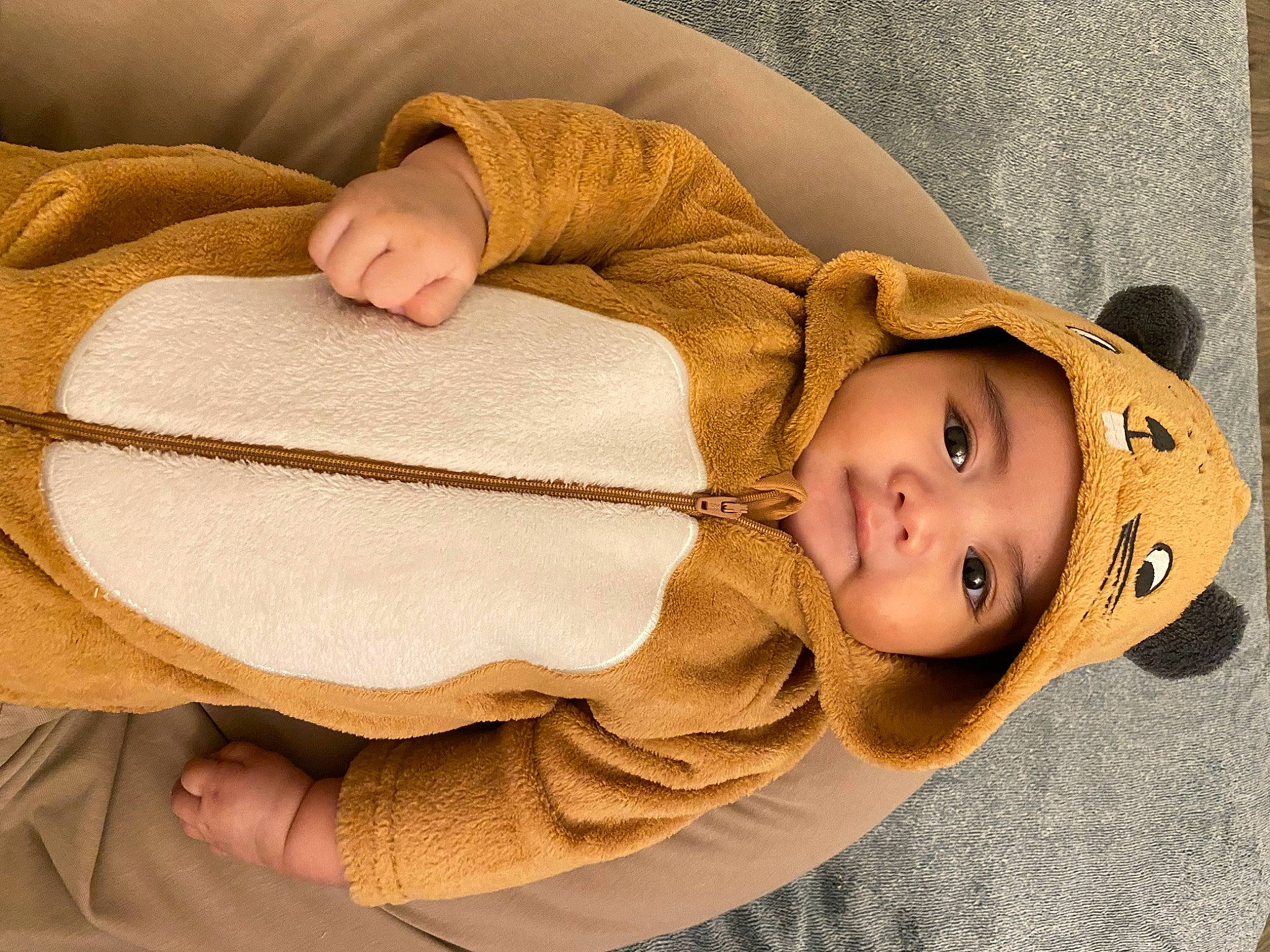 Haydën a rejoint le concours — aidez-le/la à gagner de superbes lots ! baby, baby_sleeping, baby_toddler_clothing, beige, cheek, child, collar, comfort, fashion_accessory, fur, hand, hat, headwear, linens, person, sitting, skin, sleeve, textile, toddler