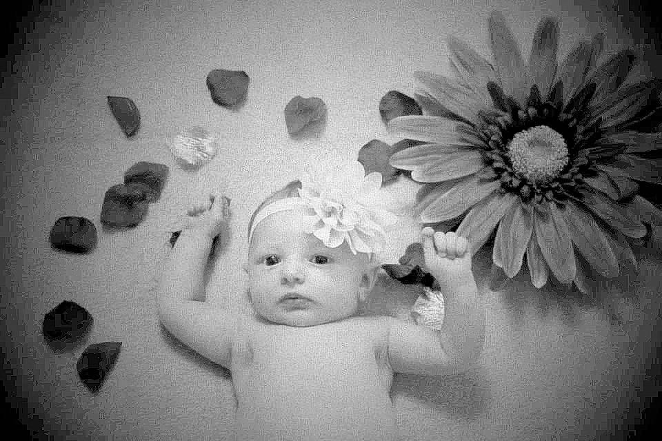 Mïa a rejoint le concours — aidez-le/la à gagner de superbes lots ! baby, black, black_and_white, facial_expression, finger, flash_photography, flower, gesture, hand, happy, human, monochrome, monochrome_photography, organ, person, petal, picture_frame, plant, style, wall
