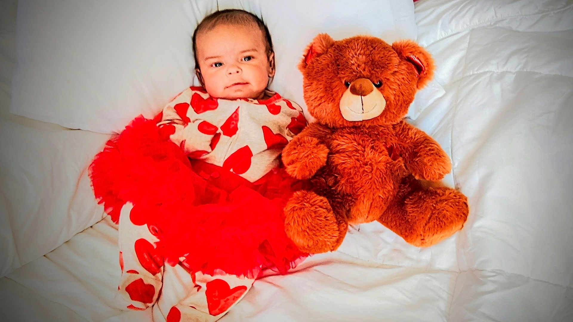 Phelloni is registered to the contest to win money with this photo: baby, infant, child, teddy_bear, stuffed_animal, bed, white_bedding, pillow, hearts_pattern, red_tutu, pajamas, cozy, cute, portrait, smiling_face, plush, toy, lying_down, soft_texture, nursery