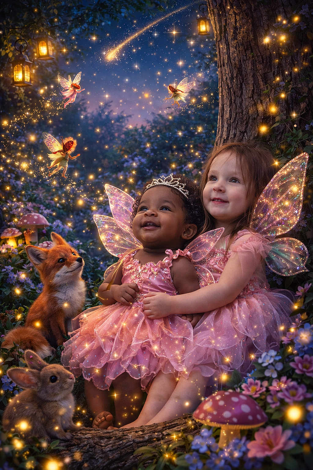 Apple is registered to the contest to win money with this photo: child, children, fairy, fairy_wings, princess, tiara, pink_dress, sparkles, fox, rabbit, mushroom, lantern, forest, flowers, tree, night_sky, magic, smile, portrait, fantasy