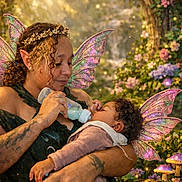 Apple is registered to the contest to win money with this photo: baby, child, adult, woman, fairy_wings, feeding, bottle, flowers, mushrooms, garden, forest, fantasy, crown, sparkles, tattoos, portrait, holding, outdoor, sleeping, cozy