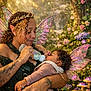 baby, child, adult, woman, fairy_wings, feeding, bottle, flowers, mushrooms, garden, forest, fantasy, crown, sparkles, tattoos, portrait, holding, outdoor, sleeping, cozy