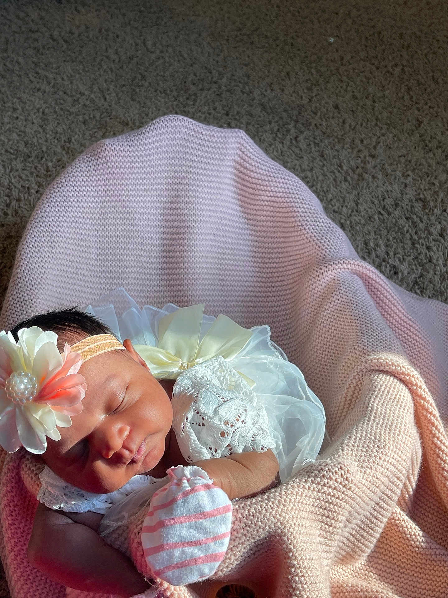 Shamari joined the competition — help win amazing prizes! baby, newborn, sleeping, flower_headband, white_dress, lace, pink_blanket, knitted_blanket, infant, cute, peaceful, soft_light, portrait, closeup, indoors, cozy, child, toddler, sleep, rest