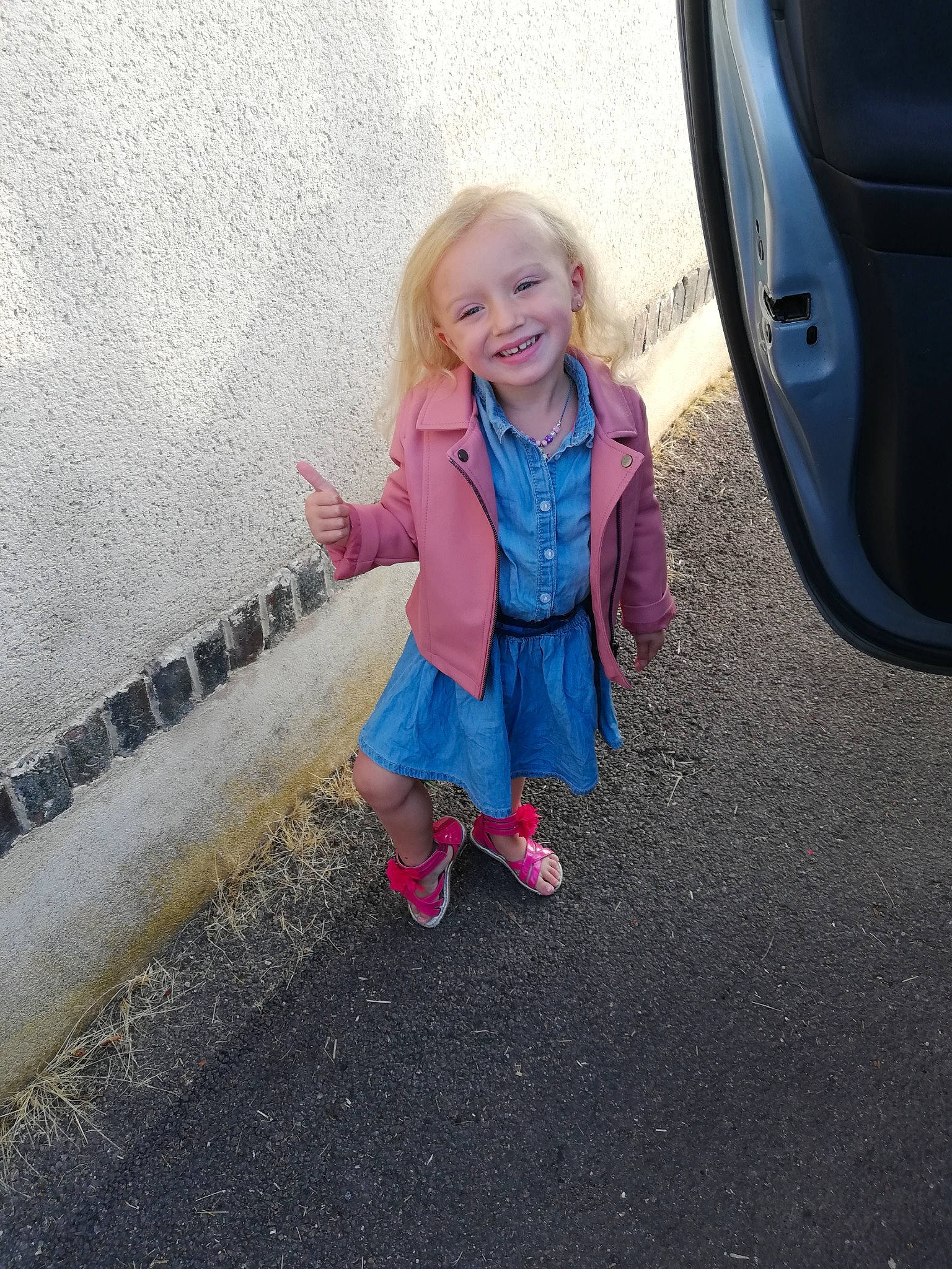 Maelya participe au concours pour gagner de l'argent avec cette photo : car, child, cool, eye, face, fun, joy, nose, people, person, photography, pink, plant, play, public_space, sitting, skin, smile, summer, toddler