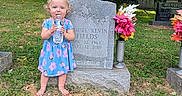 Phoenixx is registered to the contest to win money with this photo: barefoot, blue_dress, casual_clothing, cemetery, child, daylight, flowers, grass, gravestone, headstone, memorial, nature, outdoor, person, playful, shrubbery, toddler, trees, water_bottle, young_child