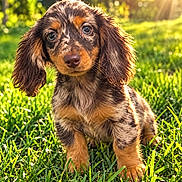 Allie is registered to the contest to win money with this photo: puppy, dog, long_ears, floppy_ears, brown_fur, black_fur, tan_markings, blue_eyes, portrait, outdoor, grass, garden, sunlight, golden_hour, bokeh, close_up, sitting, pet, cute, animal