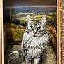 cat, gray_tabby, fluffy, green_eyes, portrait, picture_frame, ornate_frame, indoor, carpet, background_painting, landscape_painting, flowers, nature_scene, feline, whiskers, tail, sitting, looking_up, close_up, domestic_cat
