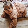 Haïlie Jeanne a rejoint le concours — aidez-le/la à gagner de superbes lots ! baby, child, crawling, wooden_floor, indoors, white_tights, peach_outfit, curly_hair, pony_tail, cute, young_child, infant, person, flooring, natural_light, casual_clothing, exploring, small_hands, wide_eyes, curiosity