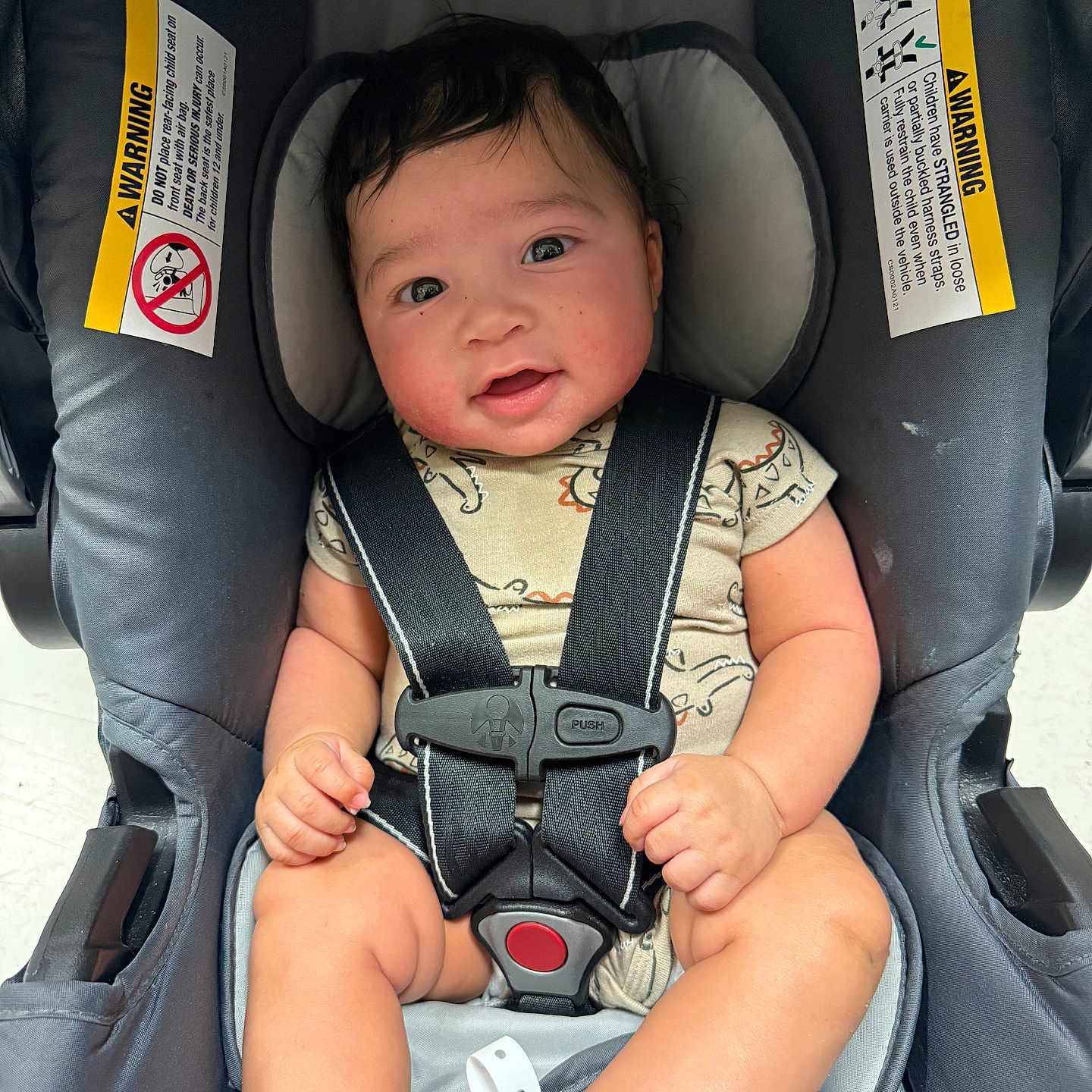 Zo joined the competition — help win amazing prizes! baby, car_seat, child, infant, seat_belt, onesie, dinosaur_pattern, smiling, happy, cute, safety, warning_label, straps, indoor, person, portrait, hands, legs, foot, head