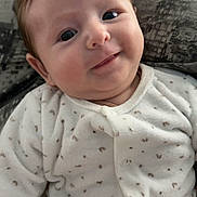 Aaron participe au concours pour gagner de l'argent avec cette photo : baby, infant, smile, face, onesie, clothing, seated, cute, child, portrait, indoor, cozy, patterned_clothing, young_child, happy, person, head, cheeks, eyes, soft_fabric