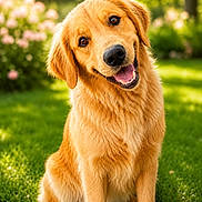 Ghost joined the competition — help win amazing prizes! dog, golden_retriever, puppy, grass, outdoor, greenery, flowers, smiling, happy, head_tilt, fur, pet, canine, nature, sunlight, cute, friendly, animal, summer, portrait