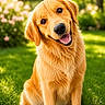 dog, golden_retriever, puppy, grass, outdoor, greenery, flowers, smiling, happy, head_tilt, fur, pet, canine, nature, sunlight, cute, friendly, animal, summer, portrait