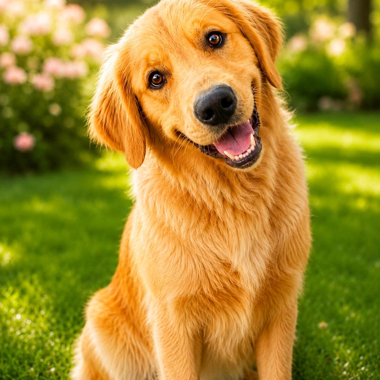 Ghost joined the competition — help win amazing prizes! dog, golden_retriever, puppy, grass, outdoor, greenery, flowers, smiling, happy, head_tilt, fur, pet, canine, nature, sunlight, cute, friendly, animal, summer, portrait