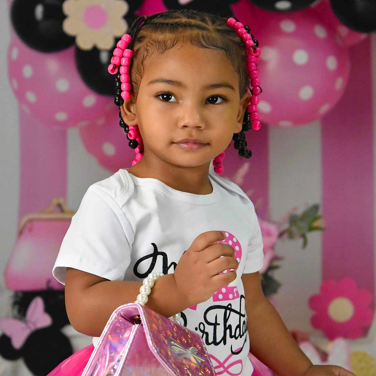Tyaisia joined the competition — help win amazing prizes! balloons, beads, birthday, braids, celebration, child, cute, decorations, fashion, happy, indoor, party, pink, polka_dots, portrait, purse, smile, toddler, tutu, white_shirt