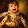Martin Jr joined the competition — help win amazing prizes! child, smiling, portrait, royalty, costume, golden, fur, lace, jewelry, happy, face, person, young, crown, regal, luxury, clothing, background, indoor, historical_style