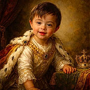 Martin Jr is registered to the contest to win money with this photo: brocade, child, costume, crown, decor, fabric, fur_cape, historical_clothing, indoor, jewelry, lace, luxury, person, portrait, regal, royalty, smile, table, toddler, young_child