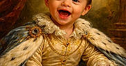 Martin Jr joined the competition — help win amazing prizes! baby, cape, child, costume, cushion, decor, face, fur, gold, hand, happy, indoor, jewelry, lace, luxury, portrait, royal_clothing, sitting, smile, young