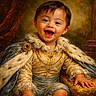 Martin Jr joined the competition — help win amazing prizes! baby, child, smile, portrait, royal_clothing, cape, fur, lace, gold, jewelry, costume, luxury, cushion, hand, sitting, happy, face, indoor, decor, young