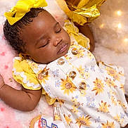 Kyasia joined the competition — help win amazing prizes! baby, sleeping, yellow_bow, sunflower_dress, pink_blanket, gold_balloon, first_birthday, infant, cute, celebration, soft_lighting, fairy_lights, child, portrait, adorable, festive, holiday, happy, resting, small_person
