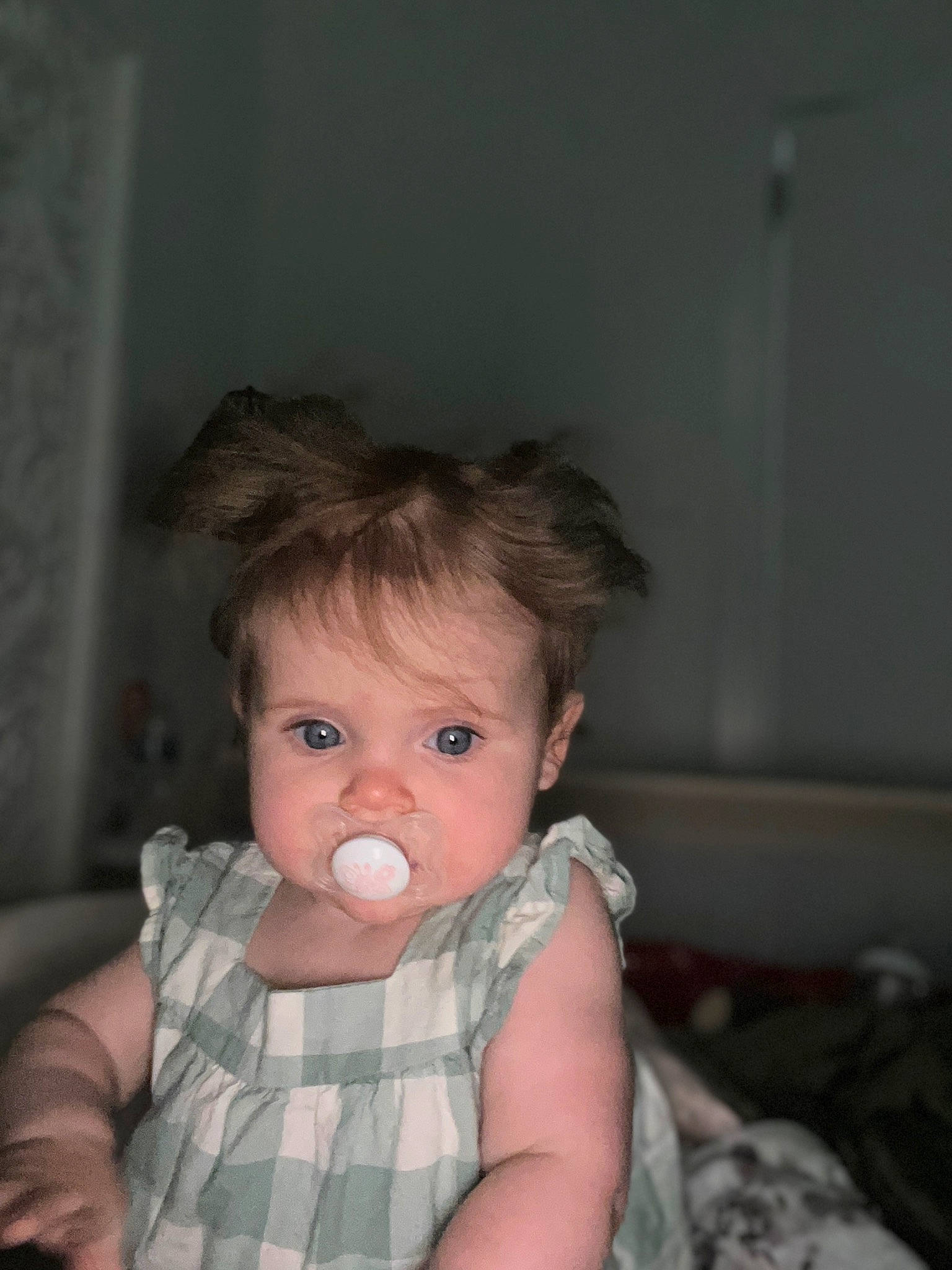 Eloise is registered to the contest to win money with this photo: baby, baby_toddler_clothing, chair, cheek, comfort, eye, eyebrow, eyelash, flash_photography, hair, hairstyle, happy, human_body, iris, lip, mouth, neck, nose, person, skin