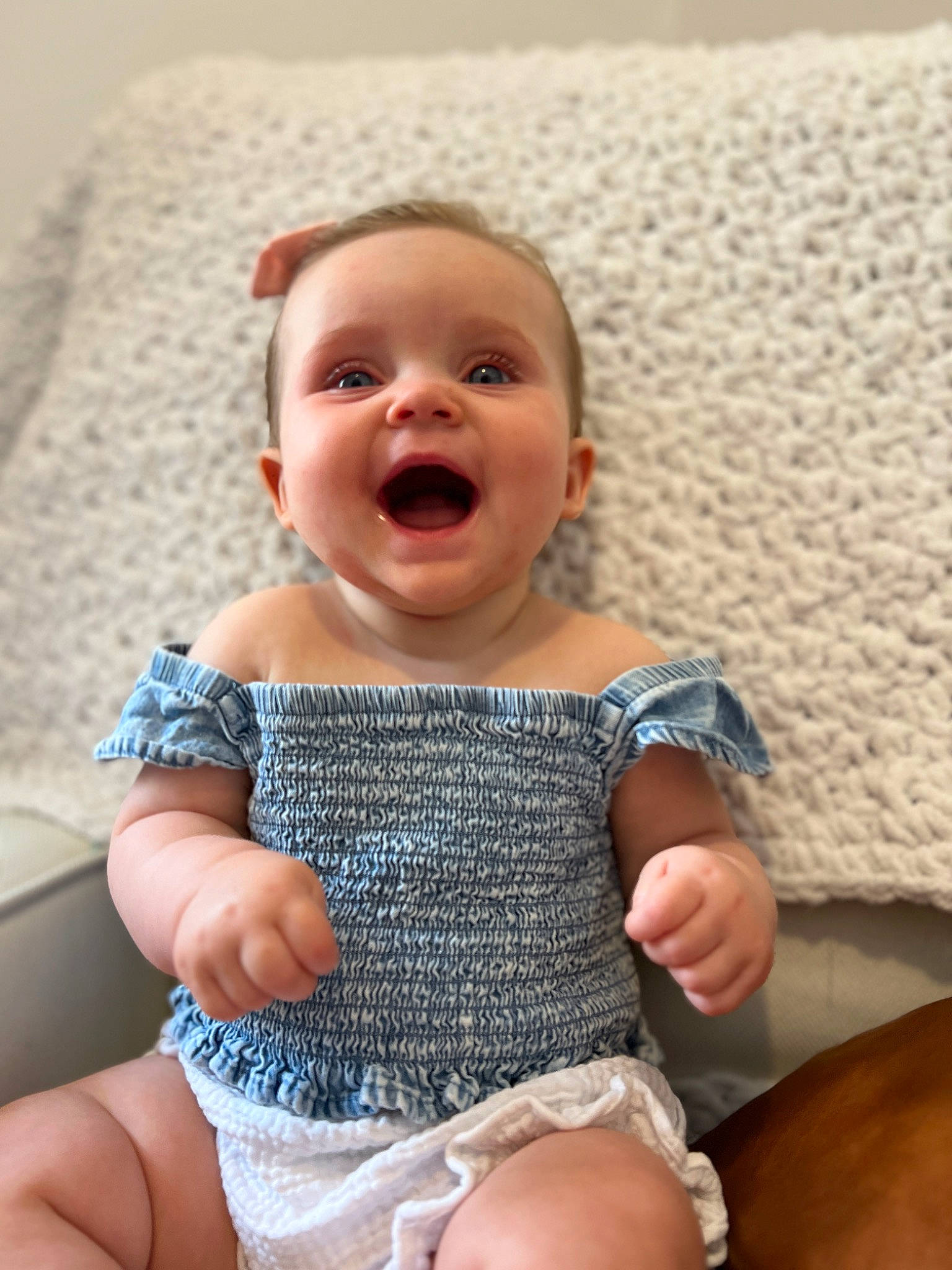 Eloise joined the competition — help win amazing prizes! baby, baby_toddler_clothing, cheek, child, comfort, eye, finger, happy, human_leg, iris, joint, leg, mouth, pattern, person, pink, skin, sleeve, smile, thigh