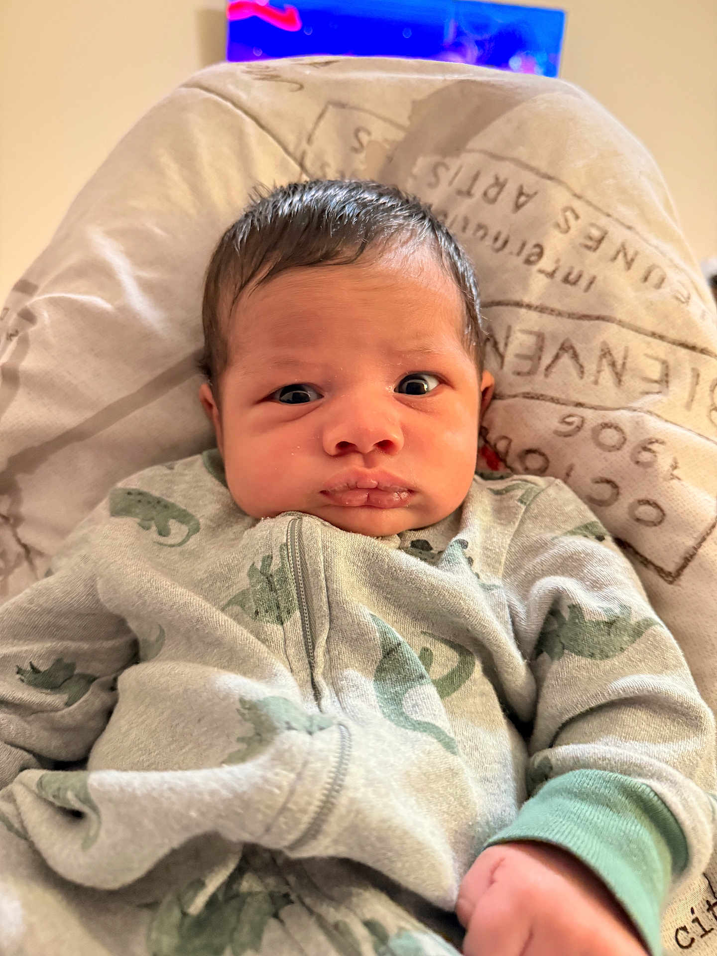 Noah joined the competition — help win amazing prizes! baby, infant, onesie, dinosaur_pattern, blanket, face, head, small_hand, expression, curious, cozy, indoors, child, soft_fabric, portrait, newborn, cute, sleepwear, closeup, person