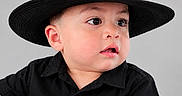 Hanzel Aquino is registered to the contest to win money with this photo: baby, child, portrait, fedora, hat, black_clothing, shirt, studio, gray_background, sitting, face, eyes, serious_expression, open_mouth, looking_away, fashion, closeup, indoor, photography, adorable