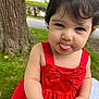 toddler, child, red_dress, bow, tongue_out, outdoor, grass, tree, cute, playful, portrait, young_child, face, skin, person, nature, summer, expression, funny, baby