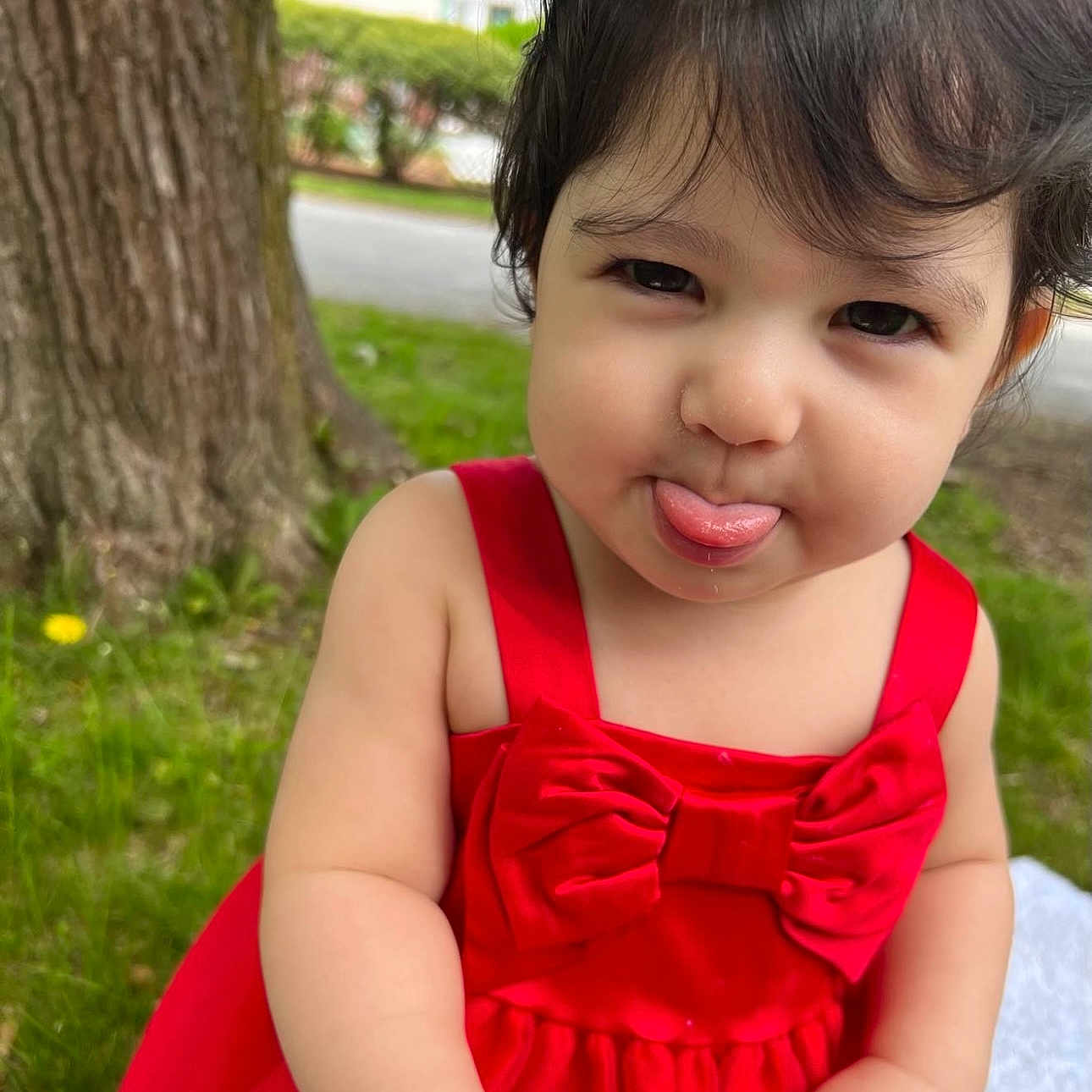 Mikelly joined the competition — help win amazing prizes! baby, bow, child, cute, expression, face, funny, grass, nature, outdoor, person, playful, portrait, red_dress, skin, summer, toddler, tongue_out, tree, young_child