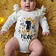 Aleksandra joined the competition — help win amazing prizes! arms, baby, celebration, chubby, confetti, cute, face, fairy_lights, fluffy_rug, happy, indoors, infant, legs, lying_down, new_year, onesie, portrait, smiling, white_clothing, yellow_rug