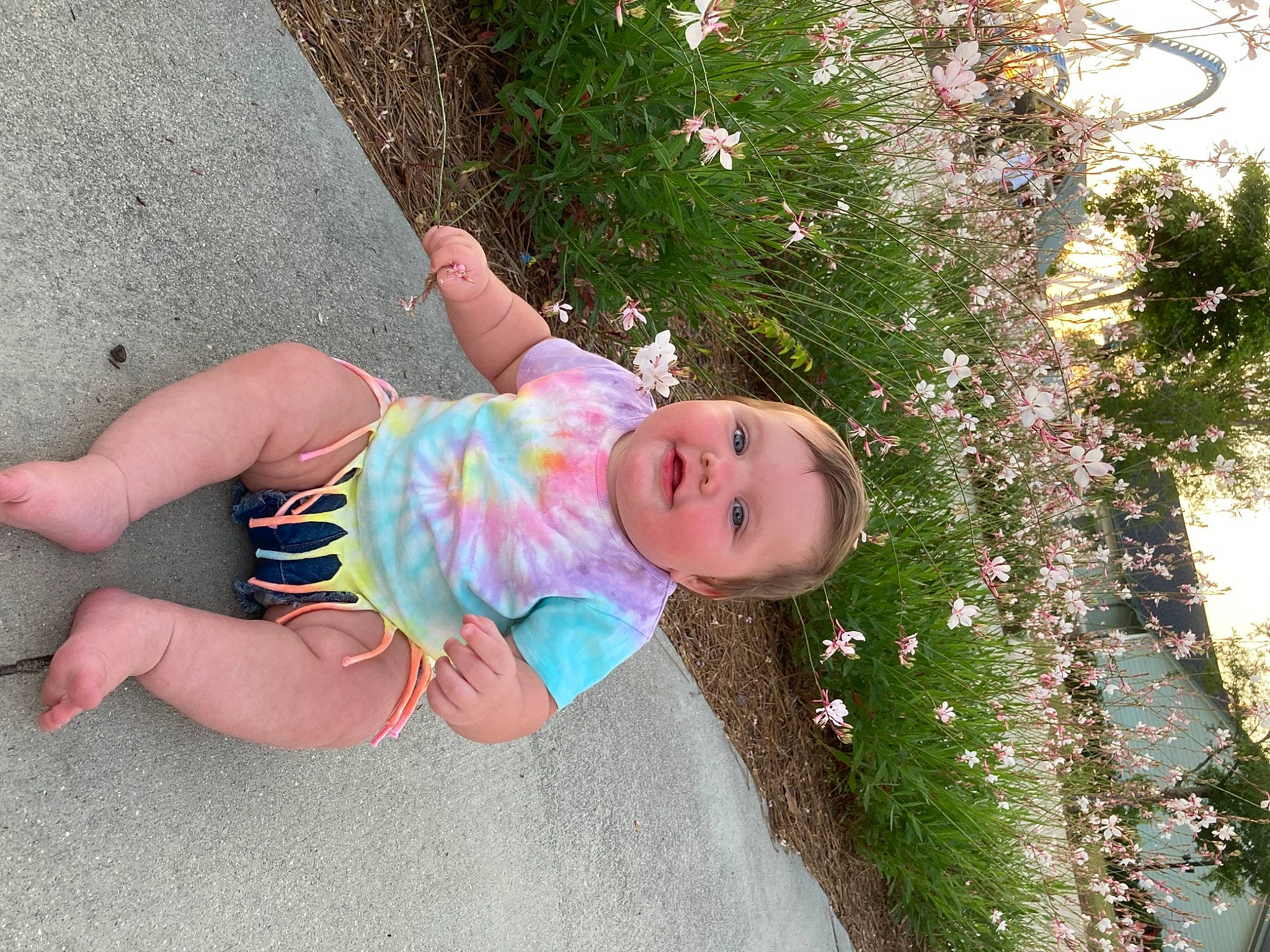 Braelynn joined the competition — help win amazing prizes! baby, baby_products, baby_toddler_clothing, child, fashion_accessory, flower, fun, grass, happy, leisure, pattern, people_in_nature, person, petal, pink, plant, sandal, shrub, smile, toddler
