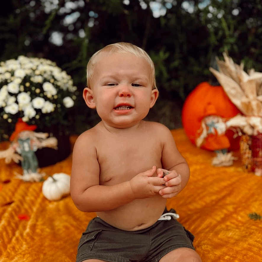 Callan is registered to the contest to win money with this photo: baby, bodypart, clothing, face, finger, flower, flowerarrangement, food, hand, head, person, photography, plant, portrait, pottedplant, produce, pumpkin, shorts, squash, vegetable
