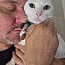 affection, animal, bond, close_up, collar, face, gentle, green_eyes, hand, holding, human, indoor, love, man, pet, portrait, skin, tag, whiskers, white_cat