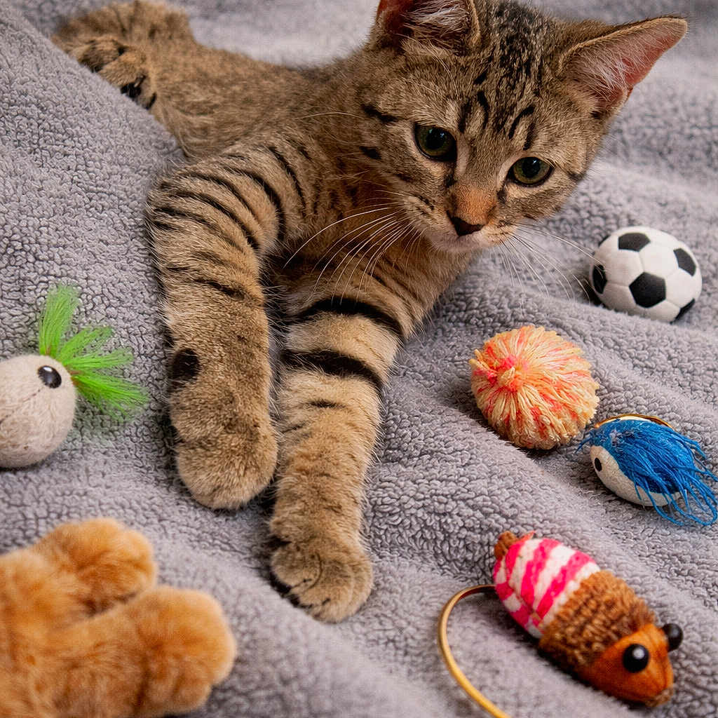 Kahyl participe au concours pour gagner de l'argent avec cette photo : kitten, tabby, cat, toy, soccer_ball, pom_pom, mouse_toy, gray_blanket, pet, feline, cute, playful, indoor, animal, whiskers, paws, fur, relaxed, cozy, young_cat