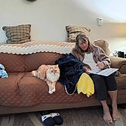 Destiny is registered to the contest to win money with this photo: animal, blanket, cat, clock, couch, fluffy, ginger_cat, indoors, living_room, paper, person, pet, pillows, reading, rug, sitting, slippers, sofa, white_fur, woman