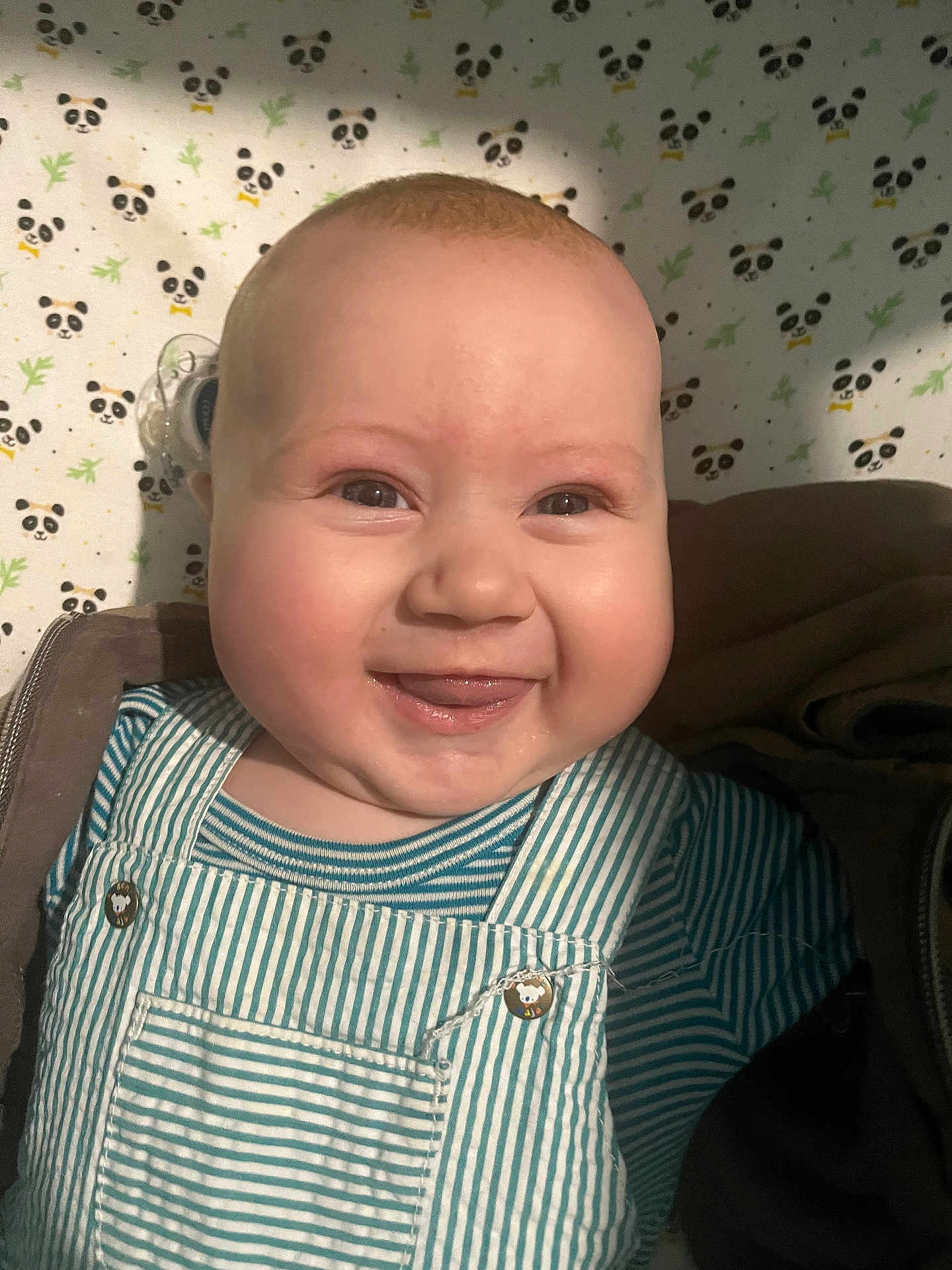 Leo participe au concours pour gagner de l'argent avec cette photo : baby, smiling, face, tongue, striped_clothing, overalls, pacifier, blanket, panda_pattern, cheeks, happy, infant, cute, child, portrait, indoors, clothing, closeup, mischievous, lying_down