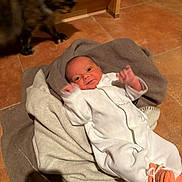 Richard participe au concours pour gagner de l'argent avec cette photo : baby, infant, cat, blanket, floor, tiled_floor, white_clothing, orange_booties, pet, animal, curious_cat, indoor, home, cute, cozy, soft, newborn, person, baby_clothes, domestic