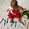 baby, child, infant, red_clothing, white_clothing, markers, crayons, colorful, sitting, blanket, milestone, six_months, sign, cute, indoors, art_supplies, person, feet, head, playful